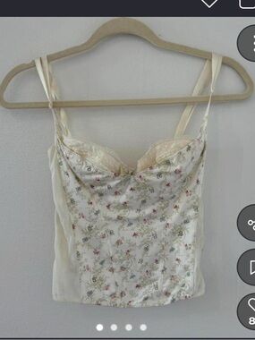 Vintage Cream Floral Satin Cami with Lace Trim
